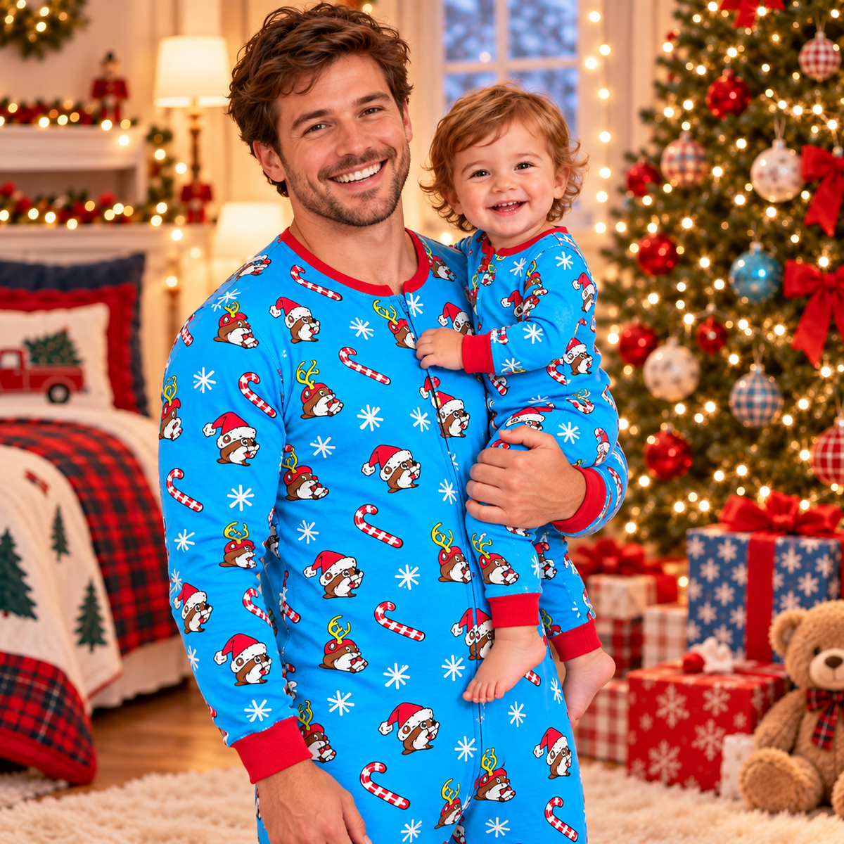 Buc-ee’s Merry & Bright Blue Christmas Onesie Pajamas - Adult