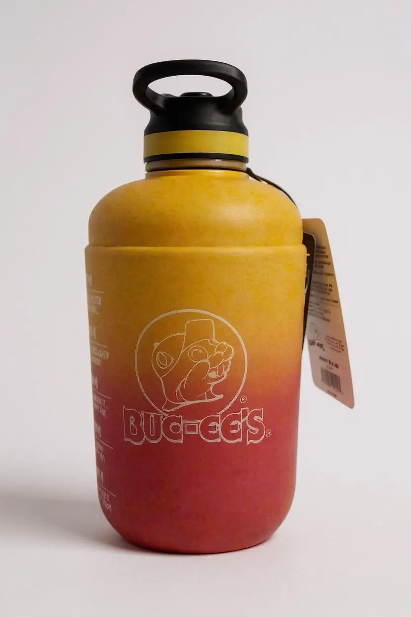 Buc-ee's 64 Oz Hydration Bottle Jug - Gold To Red Gradient, Leak-Proof Lid With Straw & Time Markers