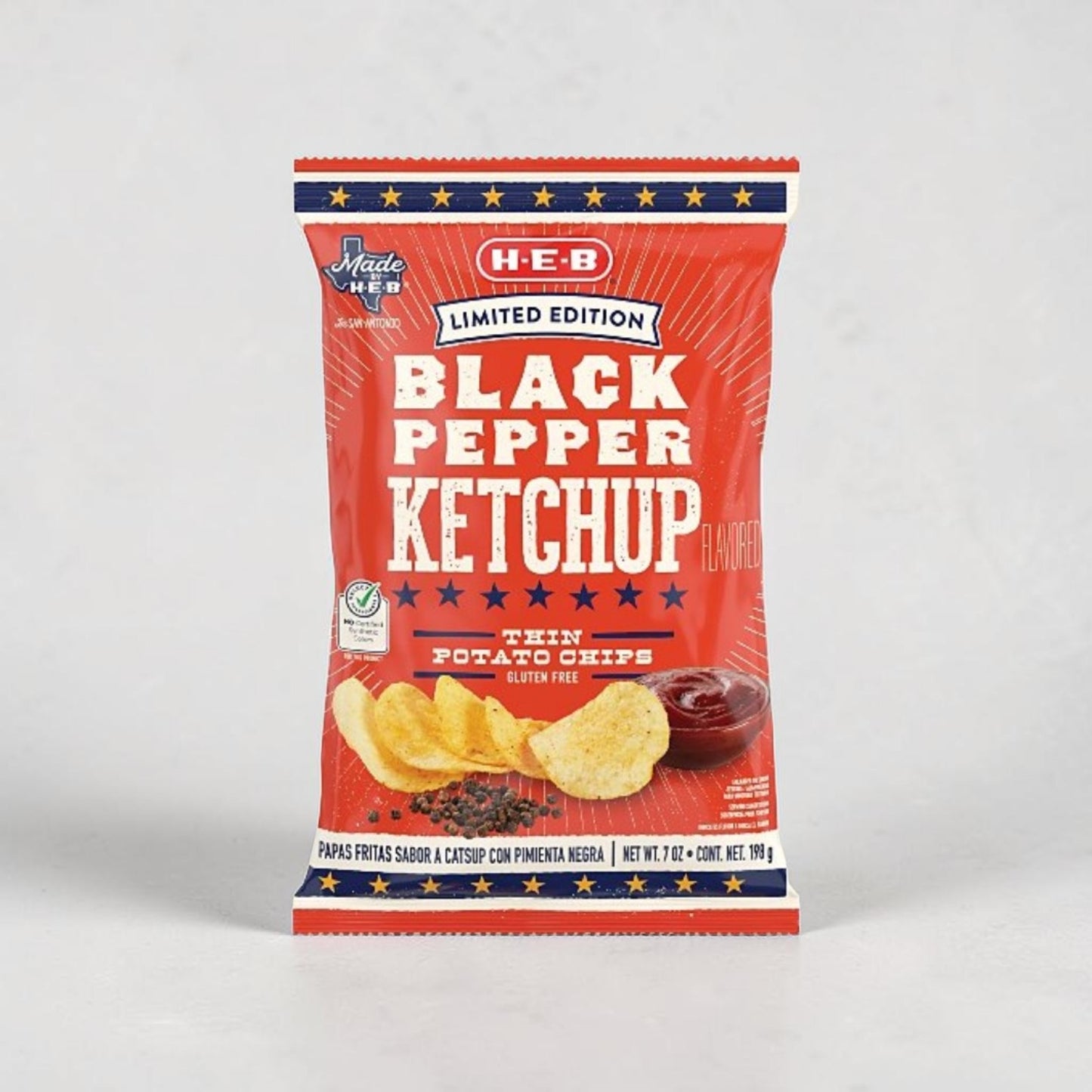 Croustilles minces de pommes de terre H-E-B édition limitée poivre noir et ketchup