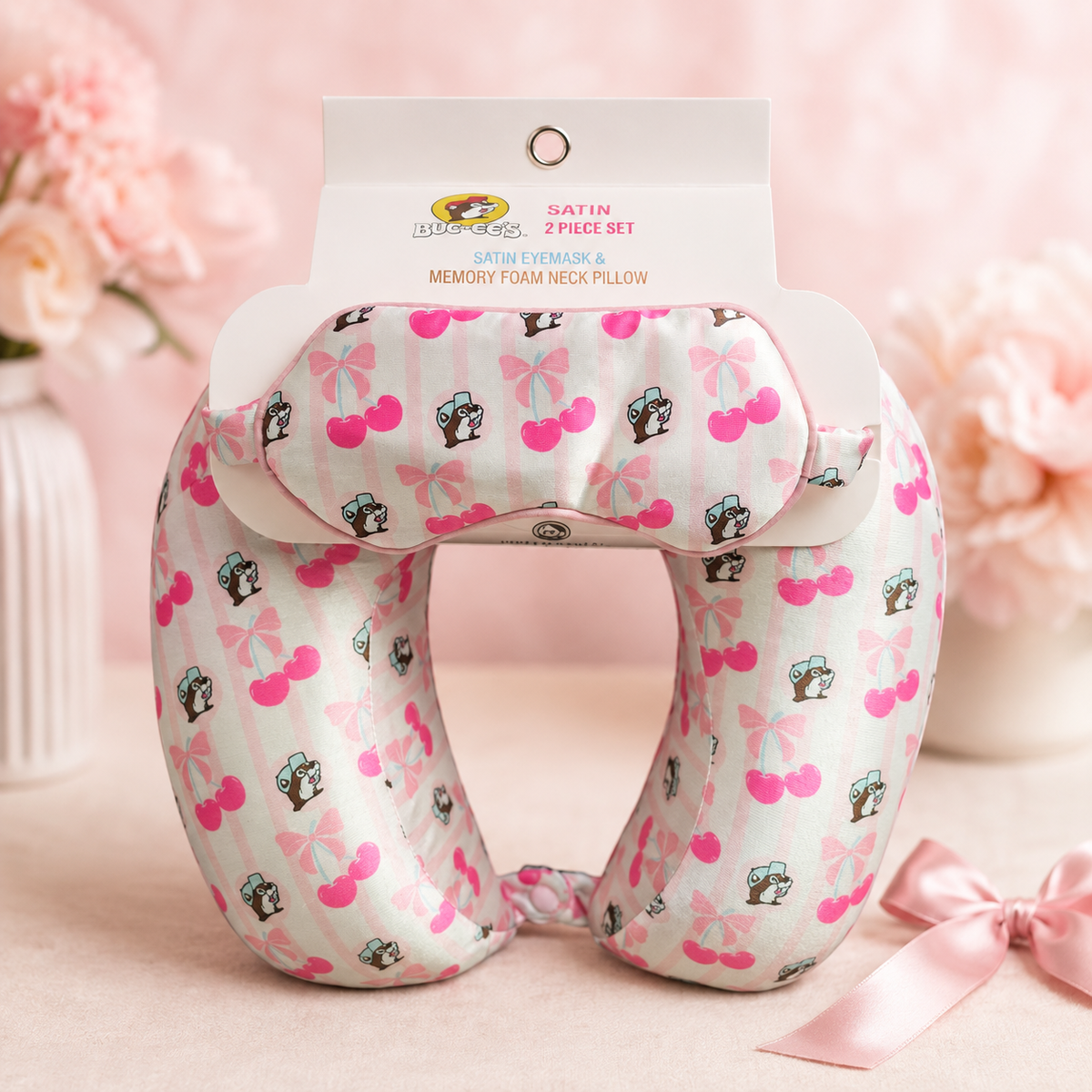 Buc-ee's Cherry Satin Mask & Neck Pillow Set