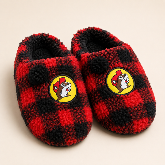 Buc-ee's Plaid Sherpa Slippers