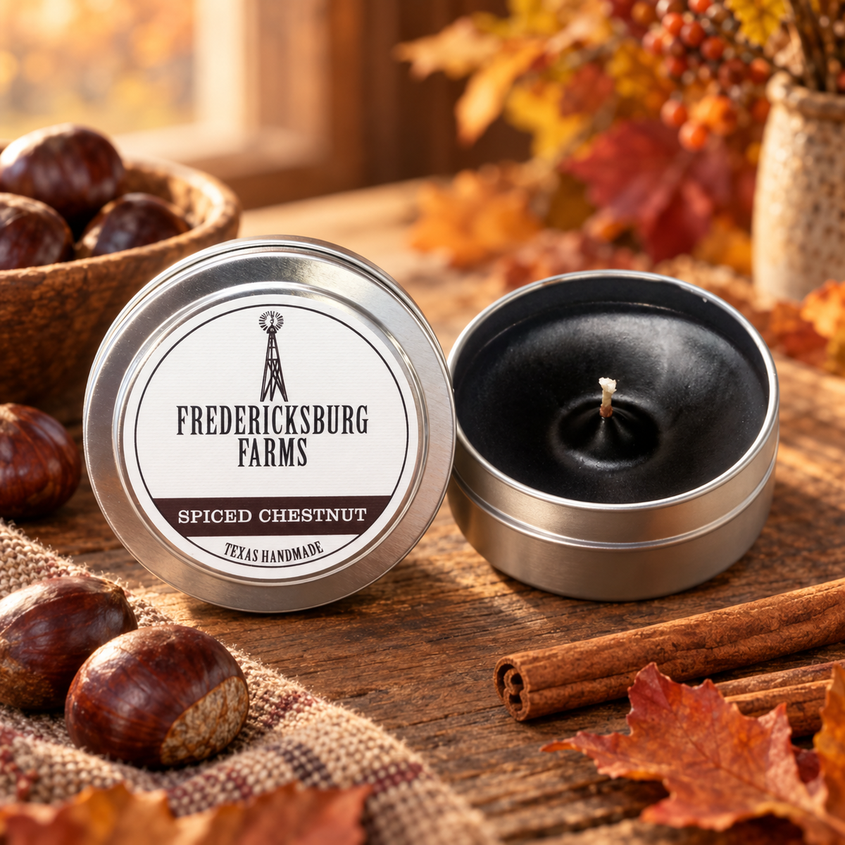 Fredericksburg Farms Spiced Chestnut Candle Travel Tin