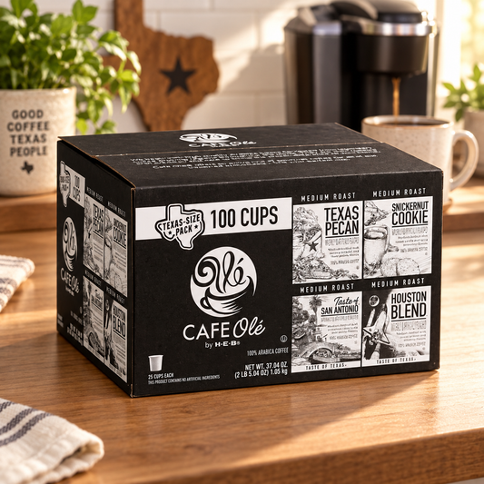 CAFE Ole par H-E-B Texas Pecan, Snickernut Cookie, San Antonio et Houston Blend Coffee Tasses à usage unique – 100 unités.