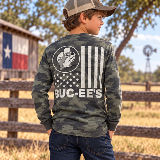 Buc-ee's Camo Flag Long Sleeve T-Shirt - Youth